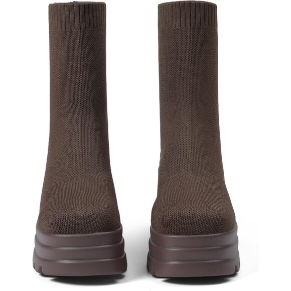 ⚡Women Brown Knit Square Toe Stretch Soft Block High Heel Punk Dress Sock Boots - Picture 2 of 6